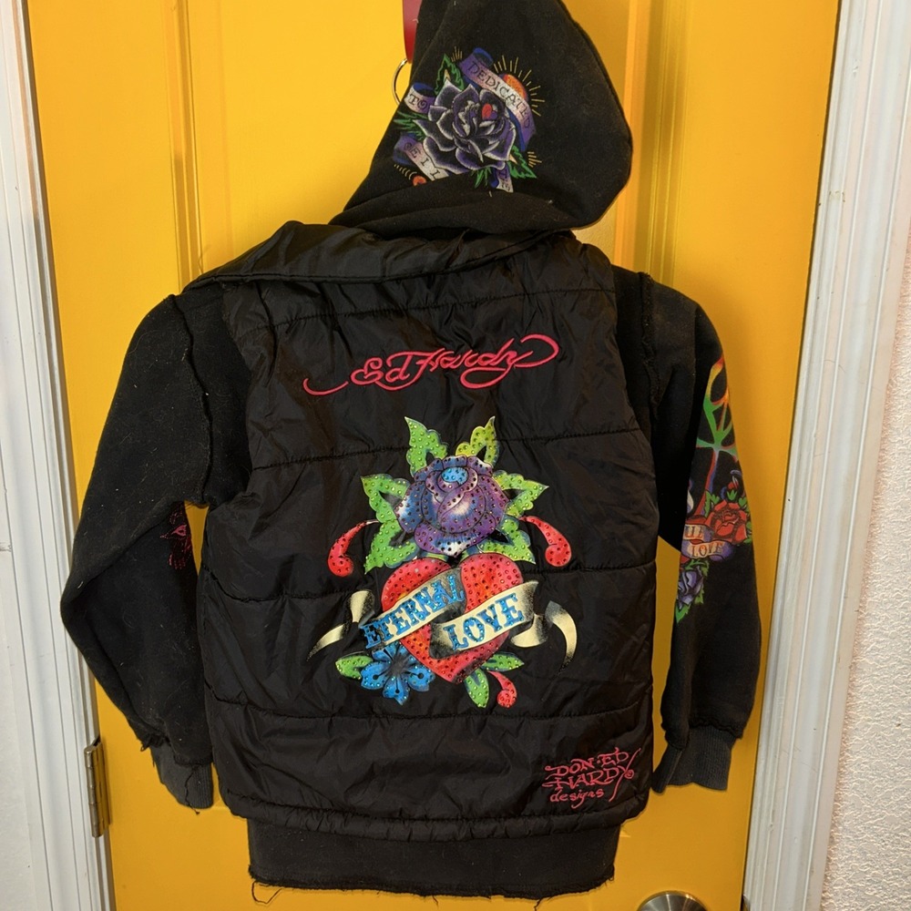 Vintage Y2K Ed Hardy Eternal Love Hoodie Vest Youth Girls 10‎ Medium Distressed